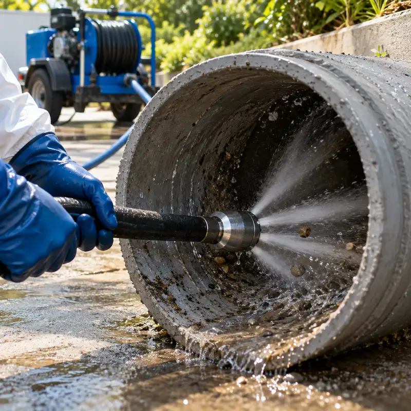 Equipo de agua a alta presión realizando limpieza interior de tuberías